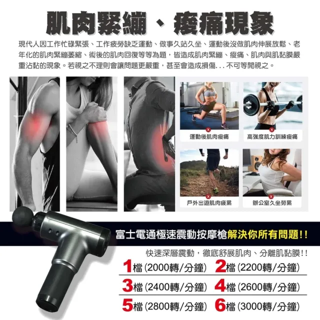 【Fujitek 富士電通】極速震動按摩槍 六顆按摩頭筋膜槍 FTM-G01 2入組