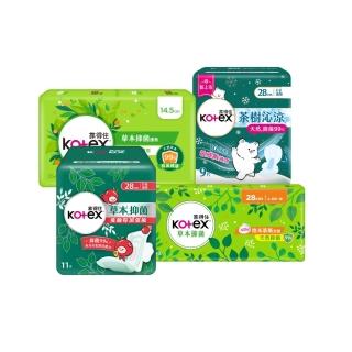 【Kotex 靠得住】草本抑菌28cm+草本蔓越莓抑菌加強版28cm+茶樹抑菌28cm+草本抑菌護墊2包(抑菌新客組)
