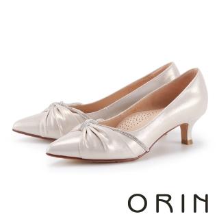【ORIN】光澤羊皮抓皺鑽條造型尖頭中跟鞋(粉色)