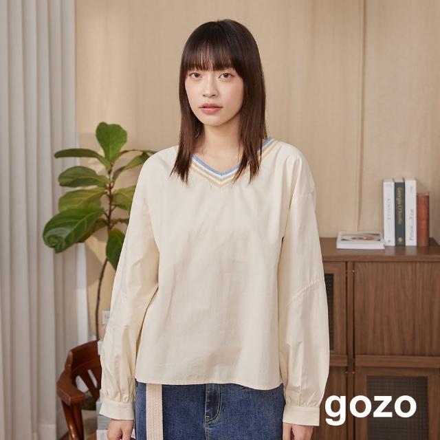 【gozo】小澎袖學院風V領長袖上衣(兩色)