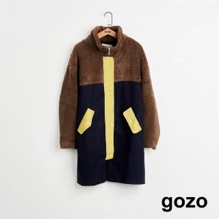 【gozo】MOMO獨家款★限量開賣 QQ毛拼接毛呢長版鋪棉大衣(兩色)