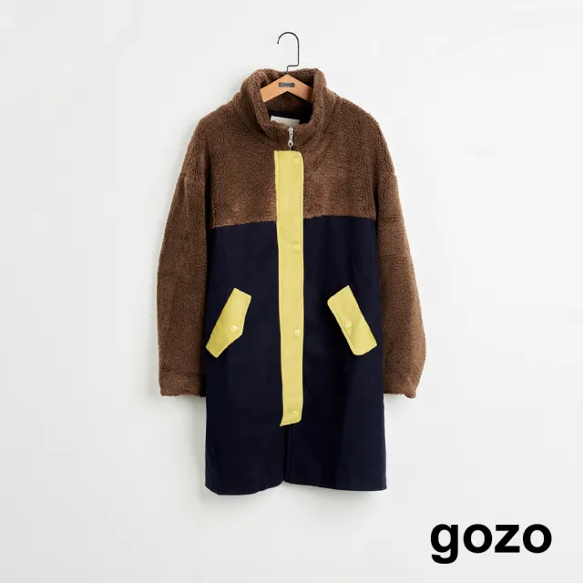 【gozo】MOMO獨家款★限量開賣 QQ毛拼接毛呢長版鋪棉大衣(兩色)