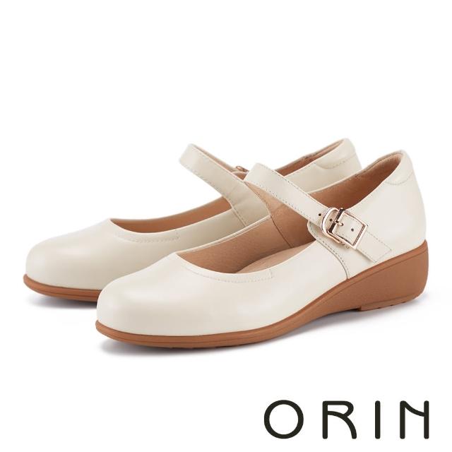 ORIN 柔軟羊皮瑪莉珍楔型低跟鞋 米色