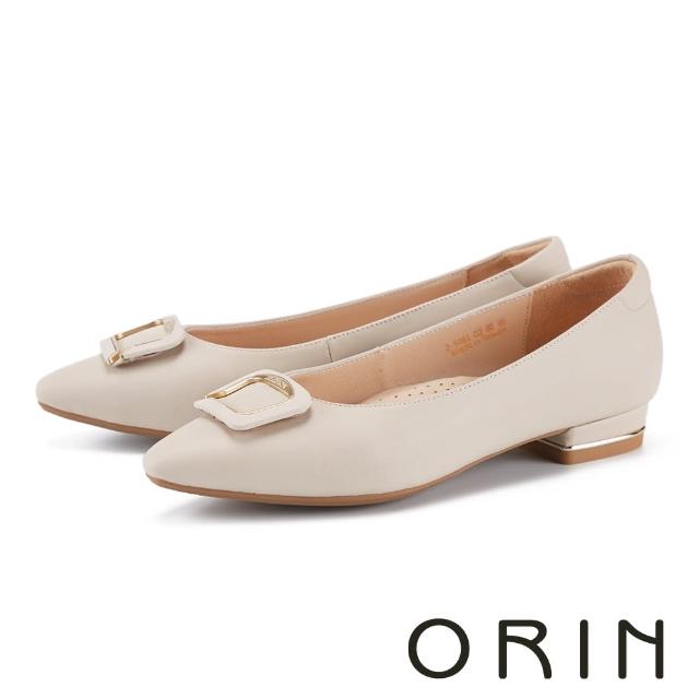 【ORIN】氣質造型方形釦羊皮尖頭低跟鞋(米色)