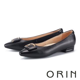 【ORIN】氣質造型方形釦羊皮尖頭低跟鞋(黑色)