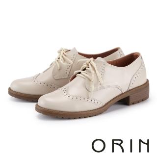 【ORIN】復古真皮雕花綁帶低跟牛津鞋(米色)