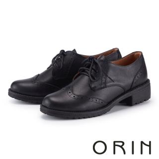 【ORIN】復古真皮雕花綁帶低跟牛津鞋(黑色)