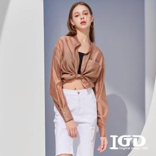 【IGD 英格麗】網路獨賣款-微光澤立領亮面襯衫(咖啡色)