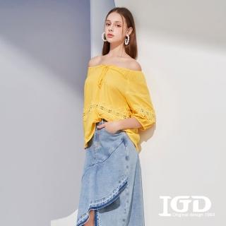 【IGD 英格麗】網路獨賣款-亞麻燒花蕾絲蓬袖上衣(黃色)