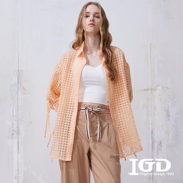 【IGD 英格麗】網路獨賣款-透膚格紋造型襯衫(橘色)
