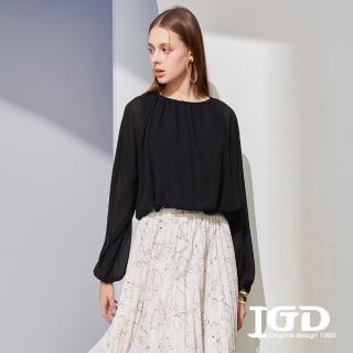 【IGD 英格麗】網路獨賣款-質感抓皺領口雪紡上衣(黑色)