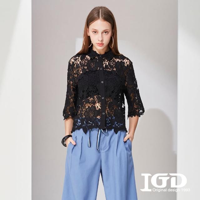 【IGD 英格麗】網路獨賣款-浪漫鏤空蕾絲造型襯衫上衣(黑色)