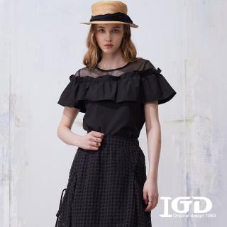 【IGD 英格麗】網路獨賣款-透膚立體荷葉合身造型上衣(黑色)