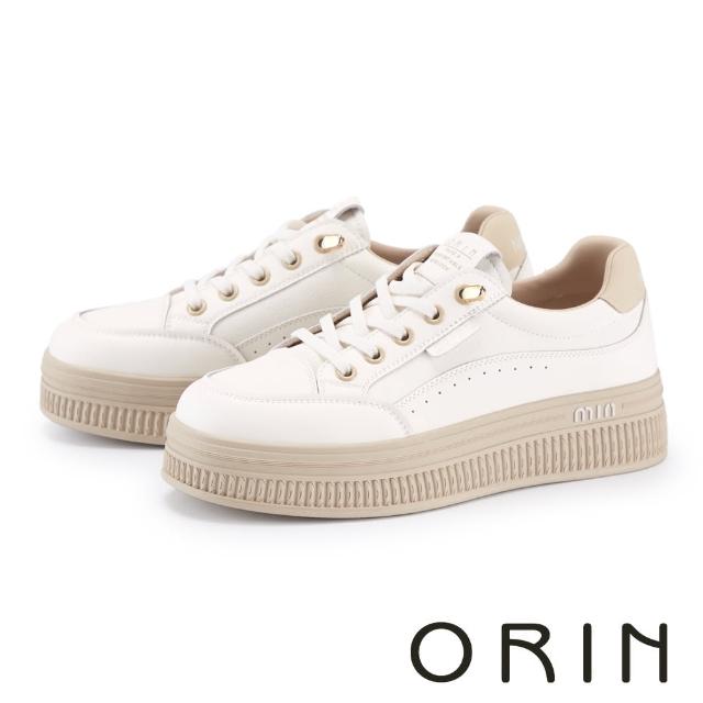 【ORIN】牛貼皮雙色免綁帶厚底休閒鞋(米色)
