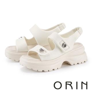 【ORIN】舒適膨感心型飾釦羊皮厚底涼鞋(米白)