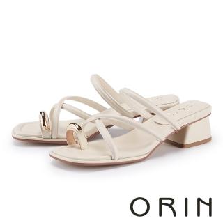 【ORIN】氣質羊皮細帶金屬套指粗低跟涼鞋(白色)