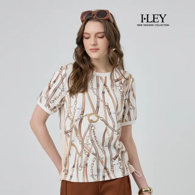 【ILEY 伊蕾】縲縈拼接絲巾風印花上衣(杏；M-XL；1252611403)