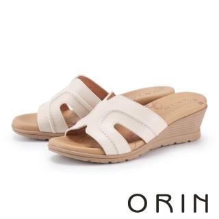 【ORIN】蠟感牛皮造型車線楔型拖鞋(白色)