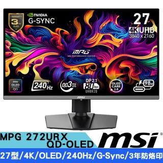 【MSI 微星】MPG 272URX QD-OLED 27型 UHD OLED 平面電競螢幕(16:9/0.03ms/240Hz/G-Sync/HDMI 2.1)