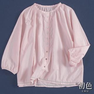 【初色】純色輕薄拼接圓領七分長袖中大碼襯衫上衣女上衣-粉紅色-12003(L-2XL可選)