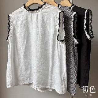 【初色】棉麻復古風圓領撞色繡花邊單排釦無袖背心上衣女上衣-共3色-11999(M-2XL可選)