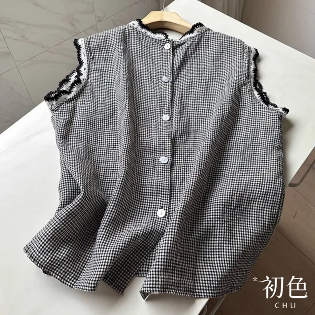 【初色】棉麻復古風圓領撞色繡花邊單排釦無袖背心上衣女上衣-共3色-11999(M-2XL可選)