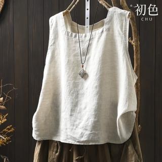【初色】復古純色文藝休閒寬鬆顯瘦方領亞麻無袖T恤背心上衣女上衣-共2色-11908(M-2XL可選)