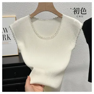 【初色】純色釘珠圓領無袖針織修身顯瘦馬甲背心上衣女上衣-共3色-11984(F可選)