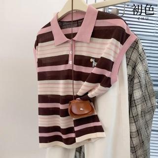 【初色】冰絲條紋刺繡斑馬正肩針織POLO領小飛袖上衣女上衣-多色條紋-11962(F可選)