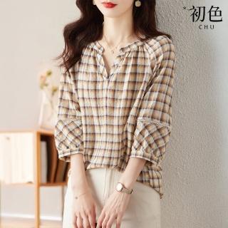 【初色】通勤風氣質格紋花邊拼接七分袖V領寬鬆襯衫上衣女上衣-格子-11939(M-2XL可選)