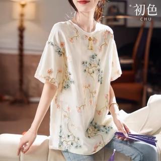 【初色】中式復古國風刺繡圓領五分袖T恤上衣女上衣-米色-11926(M-3XL可選)