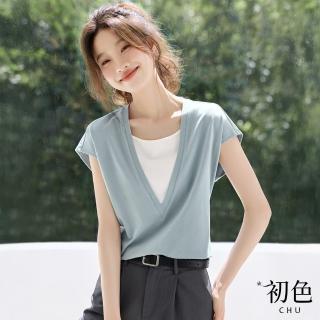 【初色】簡約風假兩件V領短袖T恤上衣女上衣-共3色-11881(M-2XL可選)