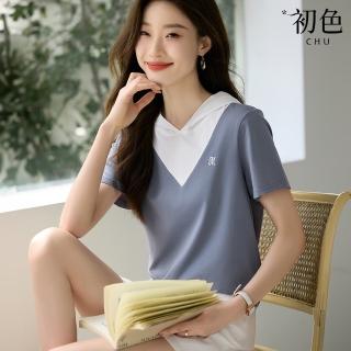 【初色】休閒氣質減齡拼接撞色假兩件字母刺繡V領短袖連帽T恤上衣女上衣-灰藍拚白-11936(M-2XL可選)
