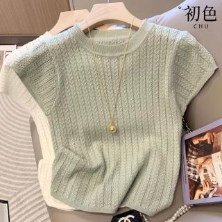 【初色】法式溫柔風輕薄寬鬆純色圓領短袖內搭打底針織衫上衣女上衣-共2色-11976(F可選)