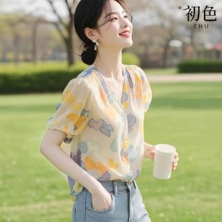 【初色】法式小香風清新氣質圖案印花單排扣V領短袖襯衫上衣女上衣-花色-11957(M-XL可選)