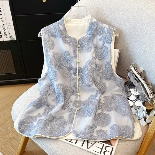 【巴黎精品】唐裝上衣中國風馬甲(刺繡蕾絲提花背心女外套3色n1jf40)