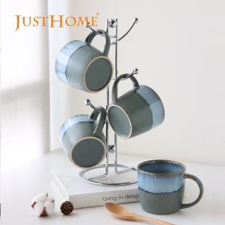 【Just Home】日式星空窯變陶瓷馬克杯4入組附收納架(杯 360ml 水杯 拿鐵杯 咖啡杯 茶杯 杯子)