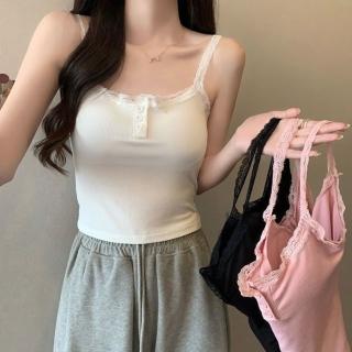 【D.studio】韓版蕾絲吊帶美背背心(帶胸墊免穿內衣小可愛女裝衣服 短版上衣小背心夏天女裝運動背心 V359)