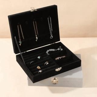 【Porabella】新款絨布首飾盒 方形珠寶盒 三格首飾盒飾品盒 戒指項鍊耳環收納 多層大容量首飾收納盒