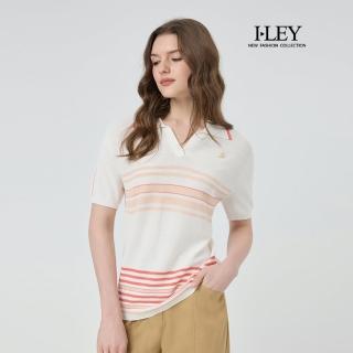 【ILEY 伊蕾】條紋POLO領縲縈針織上衣(白；M-XL；1251175005)