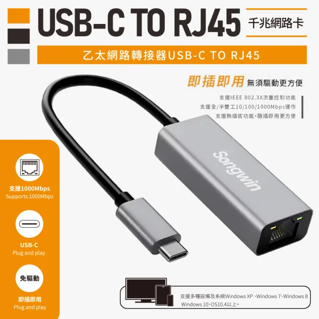 【Songwin】USB-C 轉 RJ45 高速Gigabit千兆網路卡(UEH360)