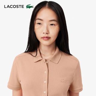 【LACOSTE】女裝-L.12.D 修身彈性迷你網眼短袖Polo衫(粉卡其)