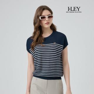 【ILEY 伊蕾】條紋連肩萊賽爾蠶絲針織上衣(深藍；M-2L；1251485003)