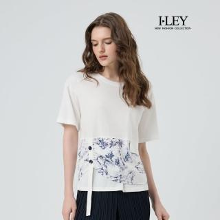 【ILEY 伊蕾】下擺拼接山水印花棉質上衣(白；M-XL；1252611204)