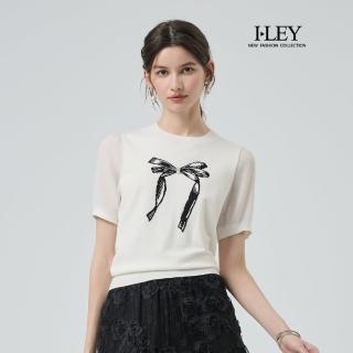 【ILEY 伊蕾】蝴蝶結緹織縲縈拼接針織上衣(白；M-XL；1252515011)