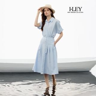 【ILEY 伊蕾】小清新珍珠釦袖口反褶長洋裝(淺藍；M-XL；1252547704)