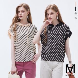 【MYVEGA 麥雪爾】MA條紋連帽雪紡上衣-共二色(女上衣/涼感/短袖/雪紡上衣)