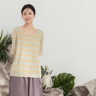 【MOSS CLUB】配色條紋坑條圓領針織上衣(藍 綠 杏/魅力商品)