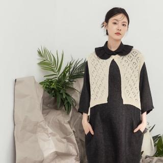 【MOSS CLUB】仿手勾花紋側開口綁帶單釦針織背心(米 駝 黃/魅力商品)
