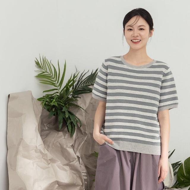 【MOSS CLUB】立體配色條紋圓領針織上衣(藍 綠 灰/魅力商品)
